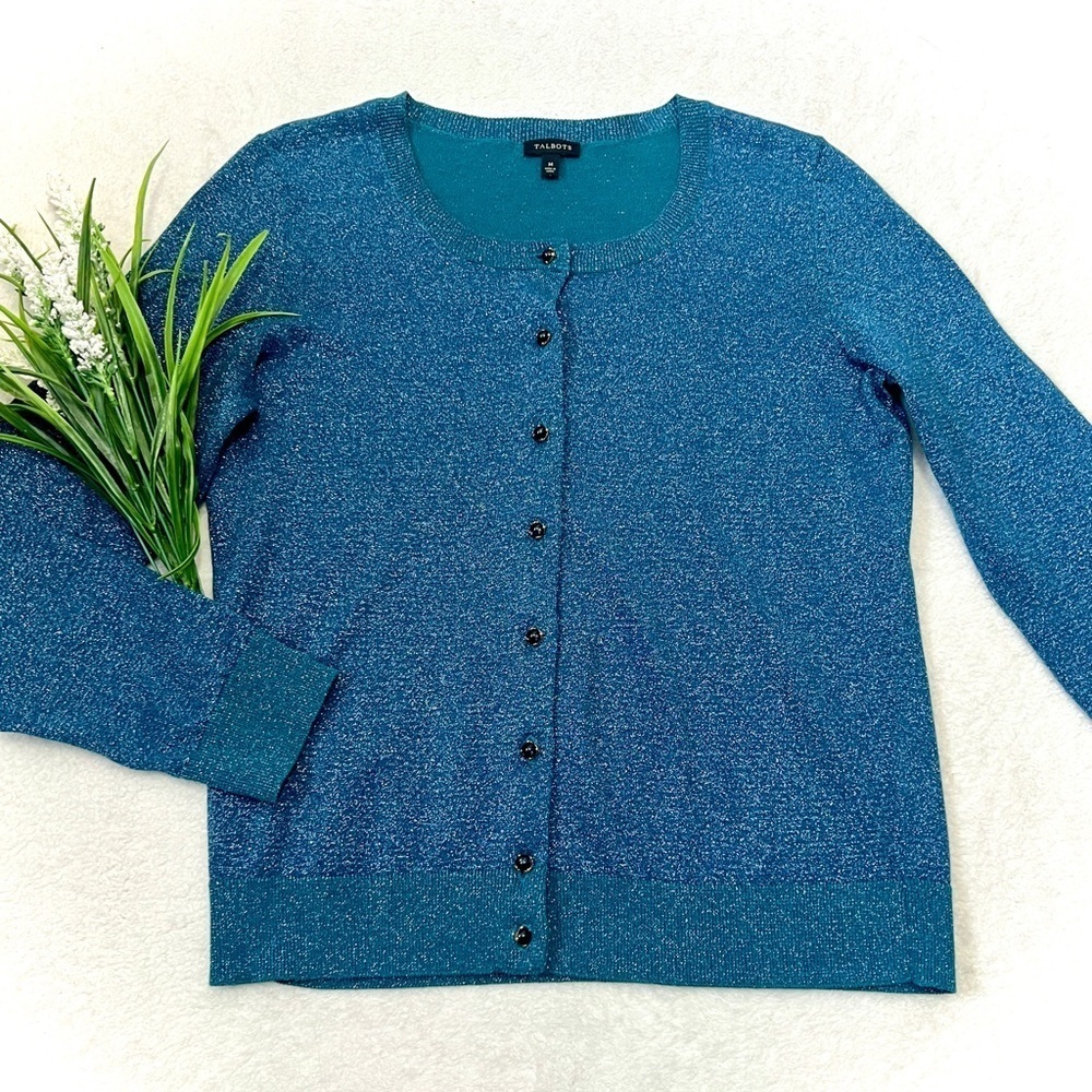 Talbots Metallic Shimmer Teal Jewel Button Cardigan Sweater - Medium